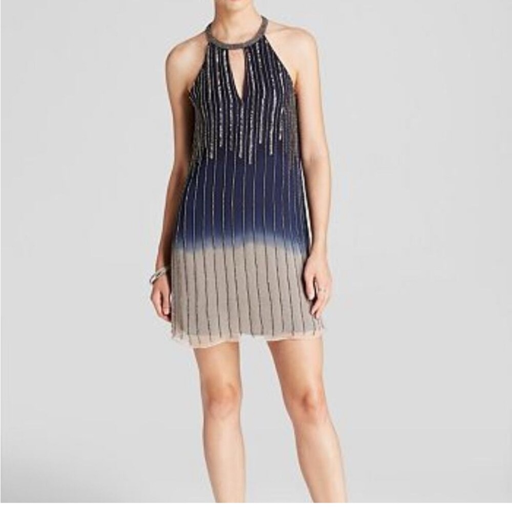 PARKER beaded halter dress ombré Navy and Beige